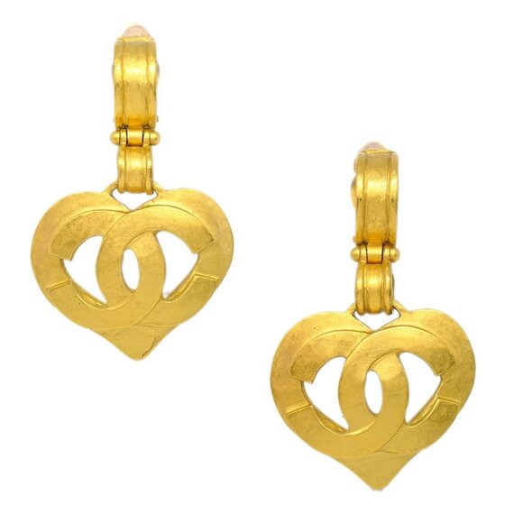 Chanel Dangle Heart Earrings Clip-On Gold 95P - Picture 1 of 4